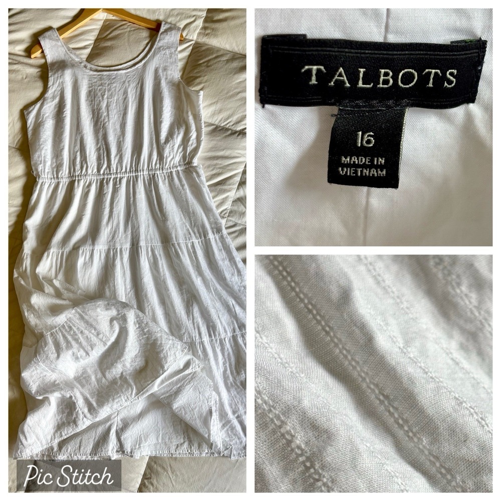 Talbots Tiered Maxi Dress Women's 16 White Boho Coastal Lagenlook Minimal Clean